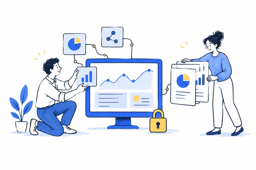 A conceptual illustration of connected financial data, reports and AI.